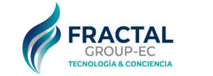 Logotipo horizontal oficial de Fractal Consultores. Isotipo de llama fractal en degradado azul y turquesa, junto al texto "FRACTAL GROUP-EC" y el slogan "TECNOLOGÍA & CONCIENCIA". Consultoría ISO y Automatización.